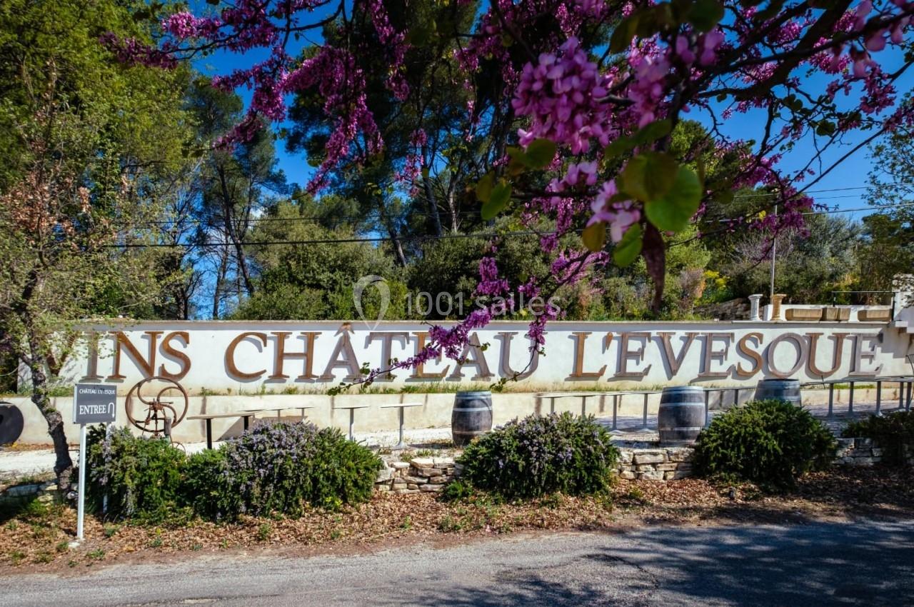 Mur avec l'inscription ’Vins Château Lévesque’, entouré de végétation et de fleurs violettes au premier plan.