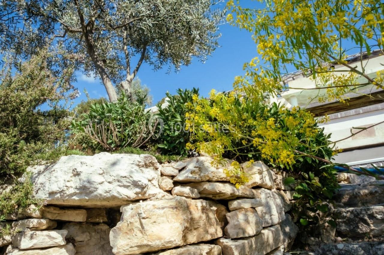 Mur en pierre sèche entouré de végétation méditerranéenne sous un ciel bleu clair.