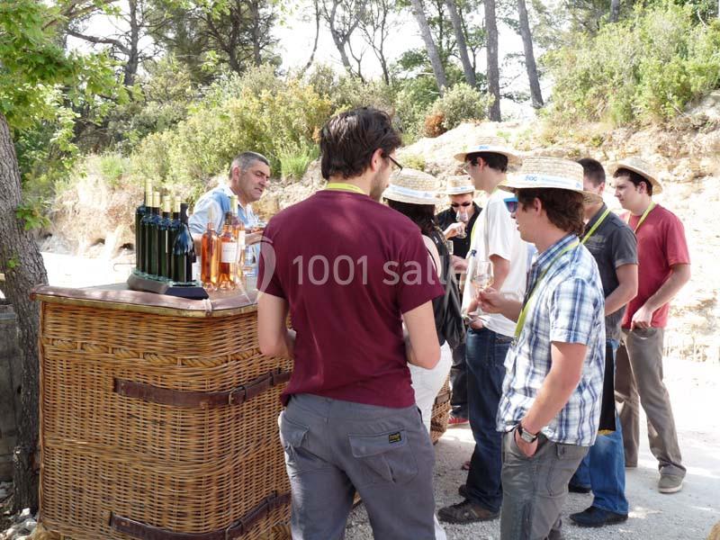 Un groupe de personnes dégustant du vin autour d'un stand en plein air, dans un cadre naturel boisé.