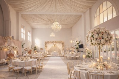 Entrée d'un bâtiment élégant avec colonnes blanches, décorations florales et enseigne ’Palais Clément Massier’.