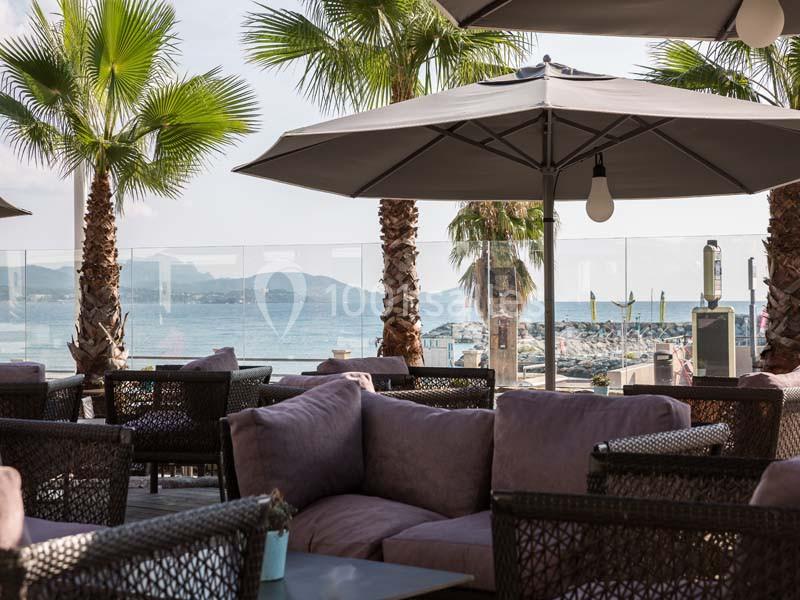 Terrasse avec fauteuils en rotin, parasols et vue sur la mer, entourée de palmiers et d'un ciel dégagé.