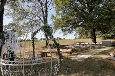 Chemin en gravier menant à des chalets en bois entourés de pelouse et d'arbres sous un ciel dégagé.
