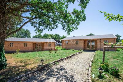 Chemin en gravier menant à des chalets en bois entourés de pelouse et d'arbres sous un ciel dégagé.