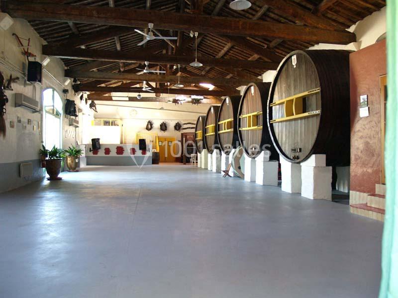 Salle avec de grands tonneaux en bois alignés contre un mur, sous un plafond en poutres apparentes.