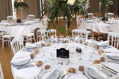 Miniature Location salle Préaux-Bocage (Calvados) - Domaine d'Aslan #7 Paysage rural avec un chemin en gravier, des champs de colza jaunes, des arbres et une terrasse en pierre au premier plan.