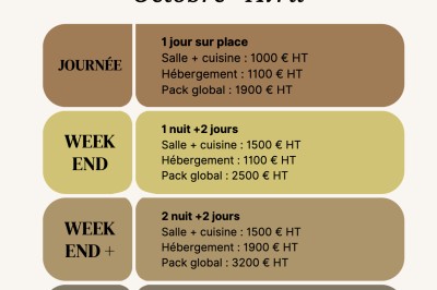 Tableau des tarifs pour la privatisation d'un lieu en haute saison, avec détails sur les options et spécifications.