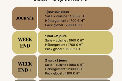 Tableau des tarifs pour la privatisation d'un lieu en haute saison, avec détails sur les options et spécifications.