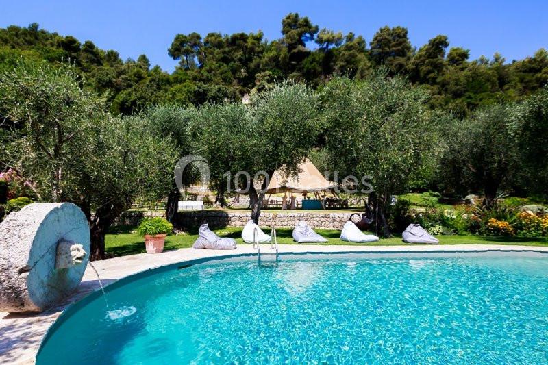 Piscine extérieure entourée d'oliviers, transats blancs et végétation luxuriante sous un ciel bleu.