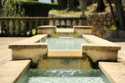 Massif de fleurs rouges et violettes entouré d'arbres et de verdure dans un jardin ensoleillé.