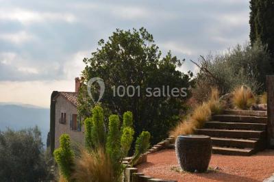 Massif de fleurs rouges et violettes entouré d'arbres et de verdure dans un jardin ensoleillé.