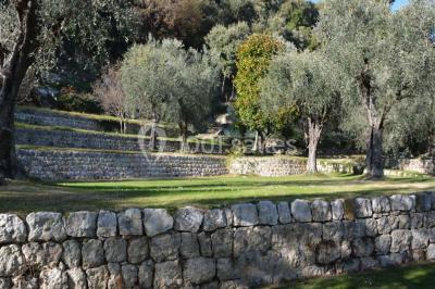 Massif de fleurs rouges et violettes entouré d'arbres et de verdure dans un jardin ensoleillé.