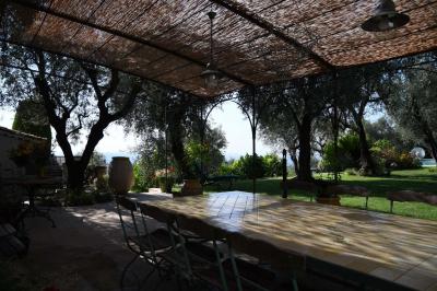 Massif de fleurs rouges et violettes entouré d'arbres et de verdure dans un jardin ensoleillé.