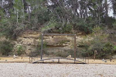 Table de pique-nique en bois sur un sol de gravier, entourée d'arbres dans un cadre naturel.