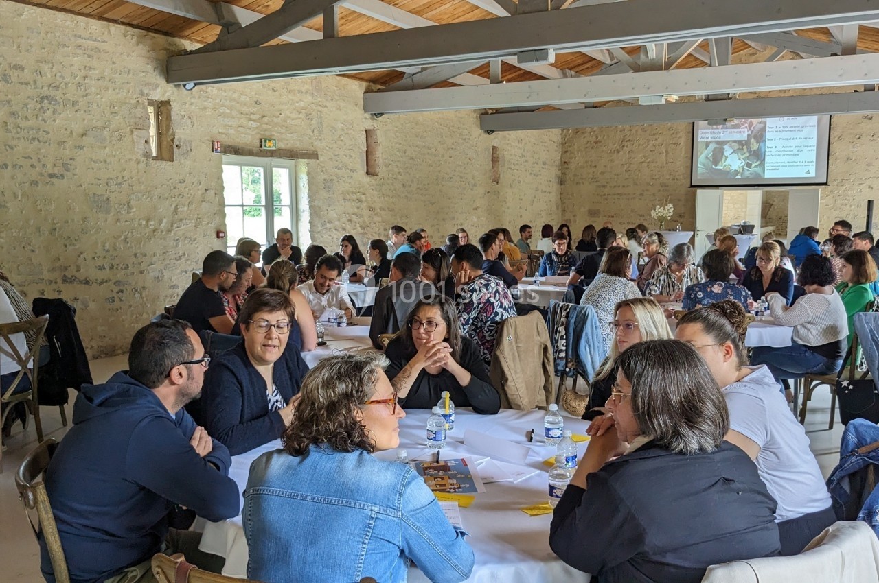 Location salle Benon (Charente-Maritime) - Abbaye de la Grâce-Dieu #16 Des personnes assises autour de tables rondes dans une salle lumineuse, participant à une réunion ou un atelier.