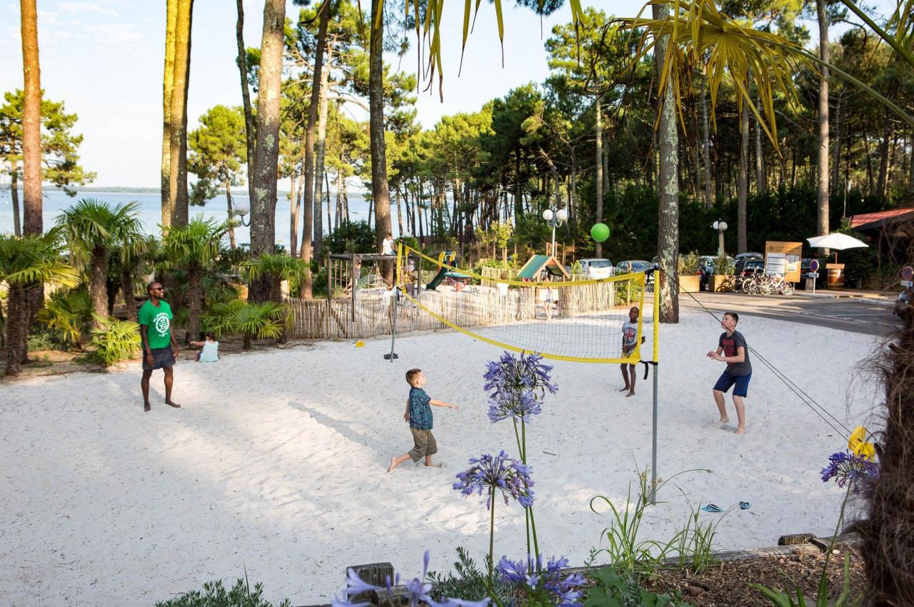 Des personnes jouent au volley-ball sur un terrain de sable entouré de pins, près d'une aire de loisirs en plein air.