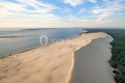 Cabane en bois sombre entourée de grands pins dans une forêt, avec lumière du soleil filtrant à travers les arbres.