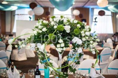 Salle de restaurant lumineuse avec des tables en bois, chaises bleues et grandes fenêtres laissant entrer la lumière…