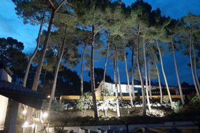 Phare blanc sur un îlot rocheux, accessible par une jetée étroite, entouré d'eau sous un ciel bleu clair.