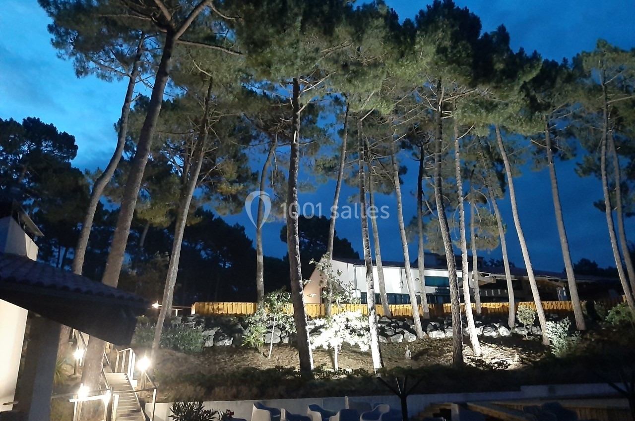Vue nocturne d'un espace extérieur avec des pins éclairés, des bâtiments modernes et des chaises disposées en terrasse.
