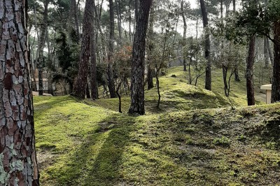 Phare blanc sur un îlot rocheux, accessible par une jetée étroite, entouré d'eau sous un ciel bleu clair.