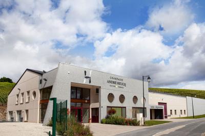 Chambre lumineuse avec deux lits, parquet au sol, murs clairs et fenêtres donnant sur un jardin verdoyant.