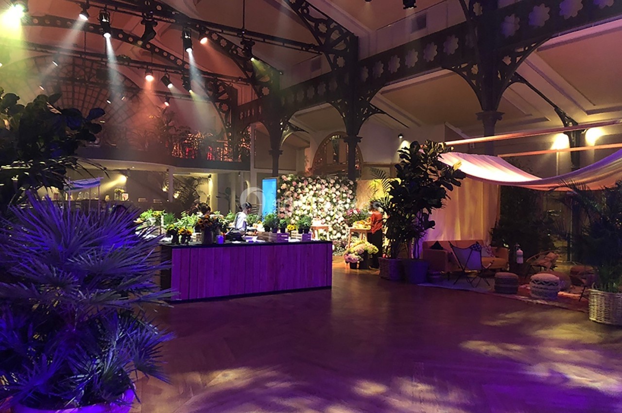 Salle décorée avec des plantes, un comptoir central et des éclairages colorés créant une ambiance chaleureuse.