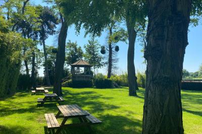 Chambre d'hôtel lumineuse avec lit double, bureau bleu, fauteuil, télévision et balcon offrant une vue sur l'extérieur.