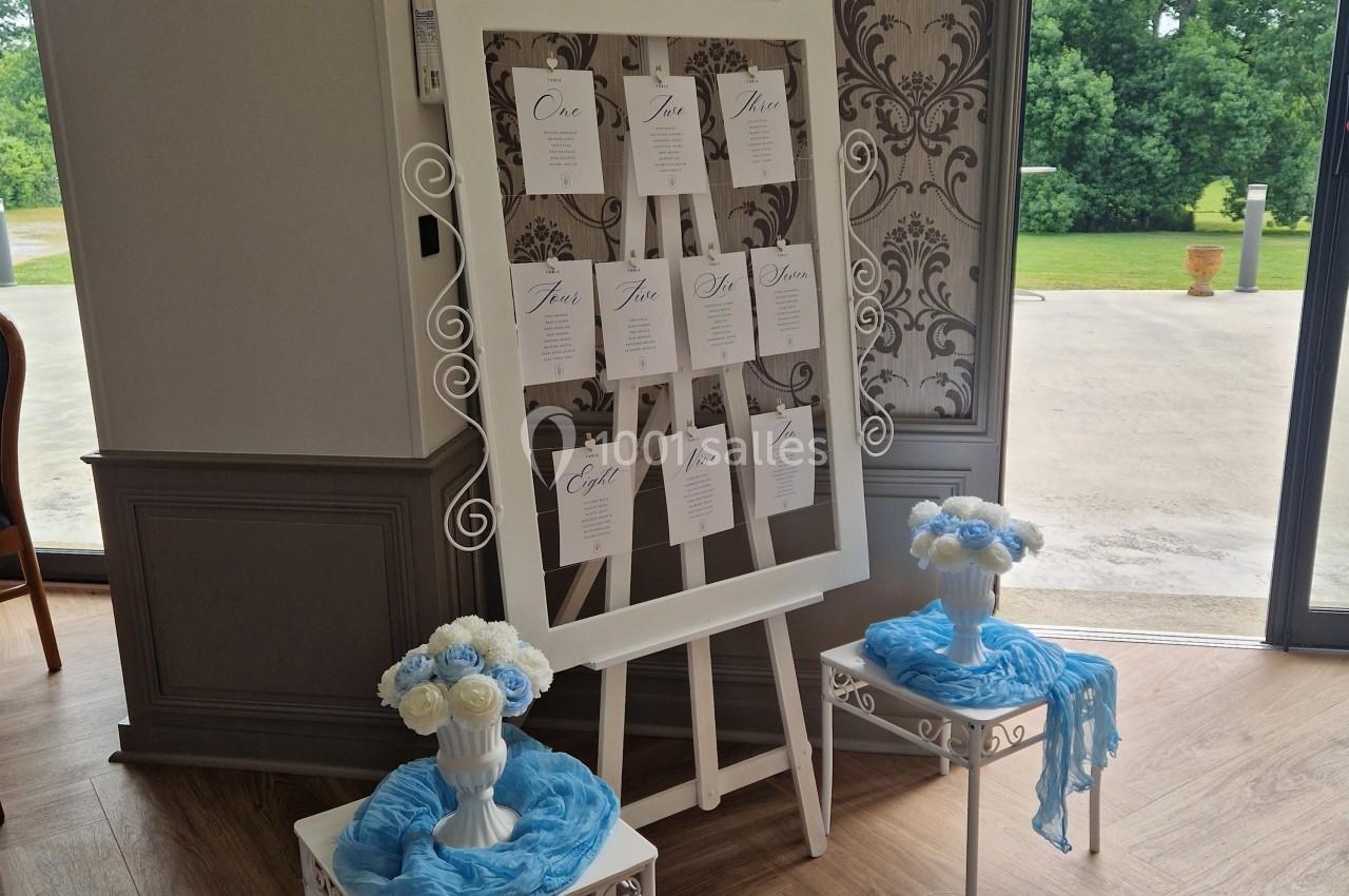 Un tableau d'affichage avec des cartes nominatives, entouré de décorations florales bleues, dans une salle lumineuse.
