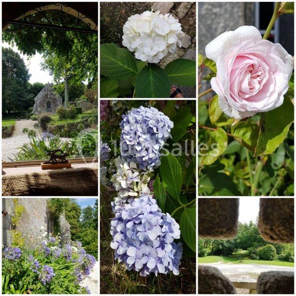 Montage de fleurs (hortensias, rose) et paysages de jardin avec une vieille bâtisse en pierre en arrière-plan.