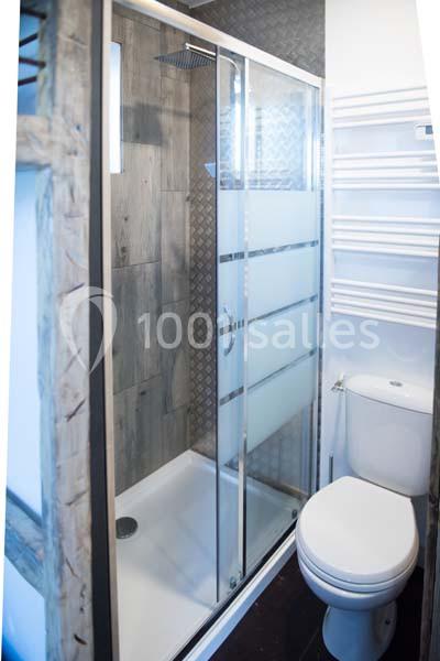 Douche avec paroi vitrée, carrelage effet bois, radiateur mural blanc et toilettes dans une petite salle de bain.