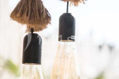 Voiture ancienne blanche décorée de fleurs blanches, stationnée sur un chemin près de vignes et d'un arbre.
