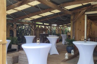 Voiture ancienne blanche décorée de fleurs blanches, stationnée sur un chemin près de vignes et d'un arbre.