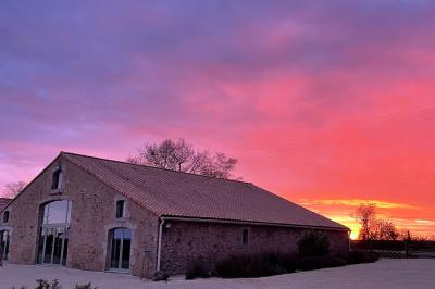 Chambre avec lits superposés en bois, parquet, papier peint floral, accès à une salle de bain et vue sur un jardin.