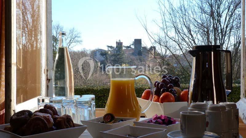 Petit-déjeuner servi près d'une fenêtre ouverte avec vue sur un paysage arboré et un château au loin.