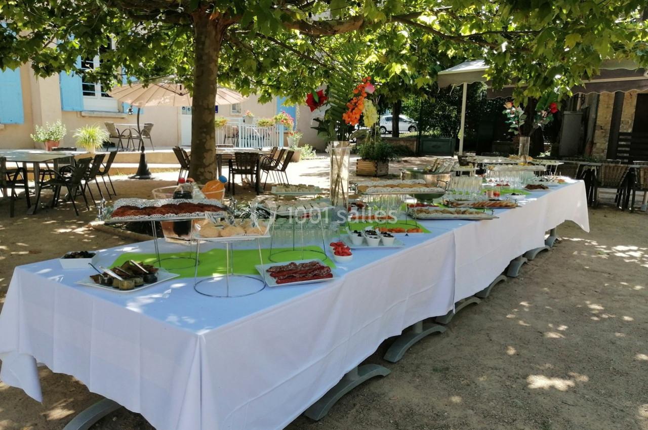 Table dressée en extérieur sous un arbre, garnie de plats variés, verrines et boissons pour un buffet.