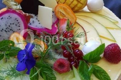 Plateau de fruits de mer et poissons décoré avec des crustacés, un requin et des éléments végétaux sur une table.