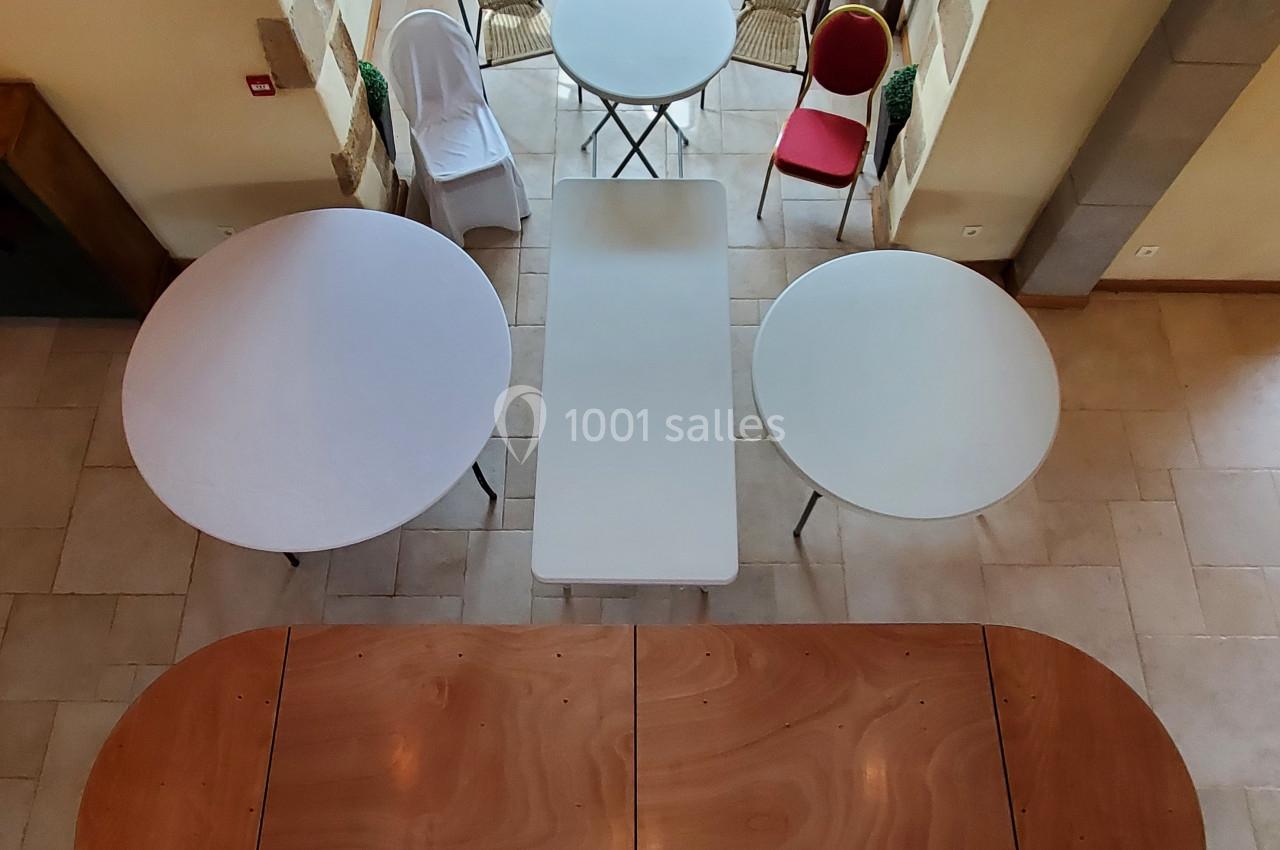 Vue de dessus de plusieurs tables de formes et tailles variées disposées dans une pièce au sol carrelé.