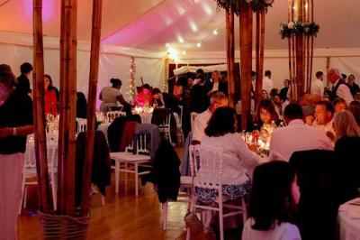 Chambre moderne avec mur vert, lit double décoré de coussins, luminaires muraux et tapis clair au sol.