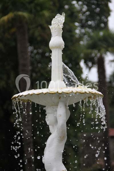 Statue blanche en forme de figure humaine tenant une vasque d'où s'écoule de l'eau, entourée de végétation.