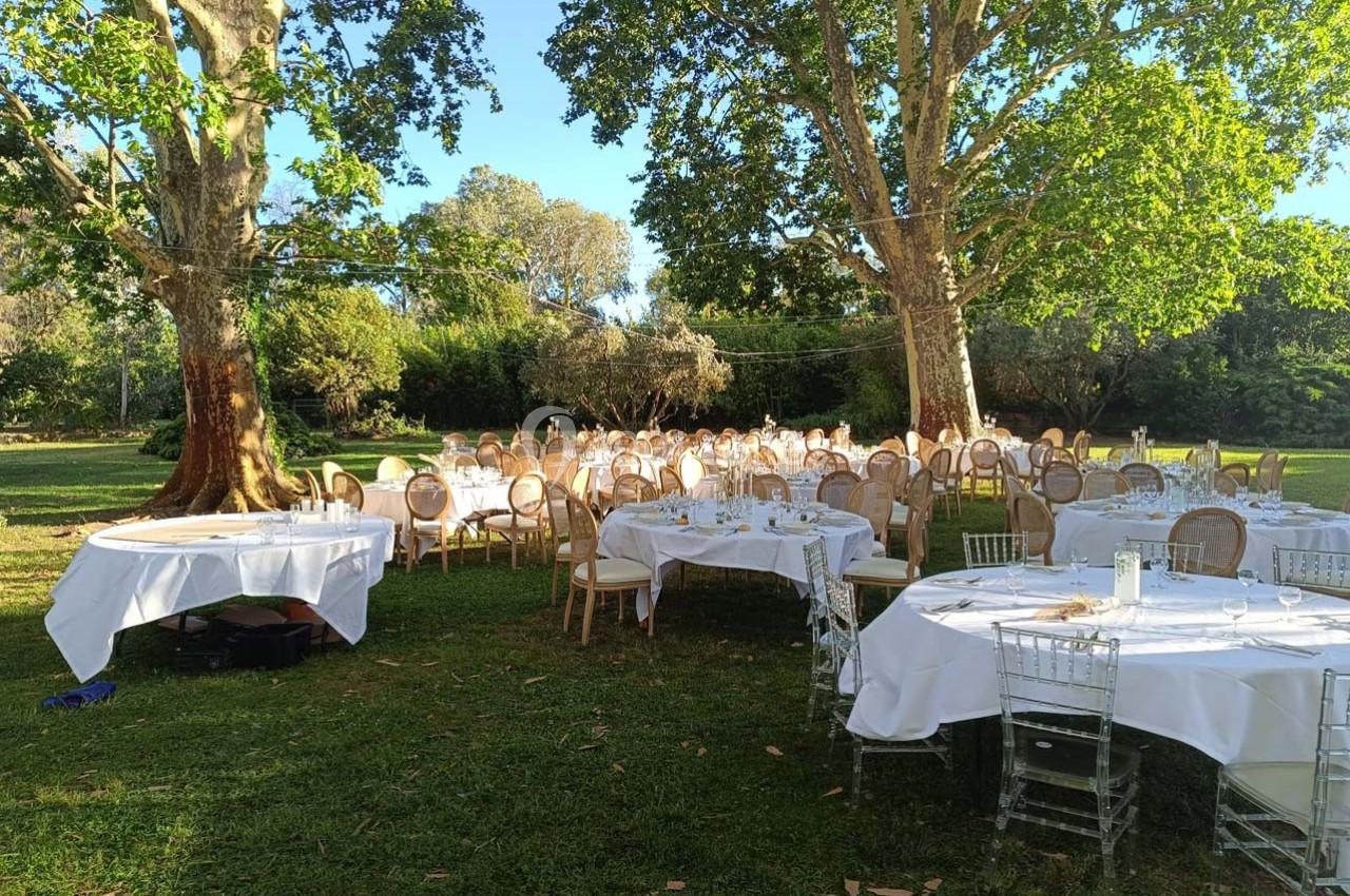 Tables rondes dressées avec nappes blanches et chaises disposées en extérieur sous des arbres dans un jardin.