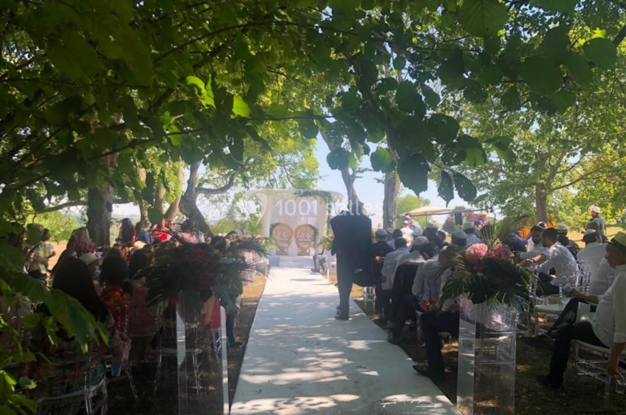 Cérémonie de mariage en extérieur sous des arbres, avec invités assis et allée centrale décorée de fleurs.