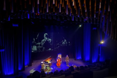 Flacons et éléments décoratifs sous cloches en verre sur une table éclairée dans un espace moderne et tamisé.