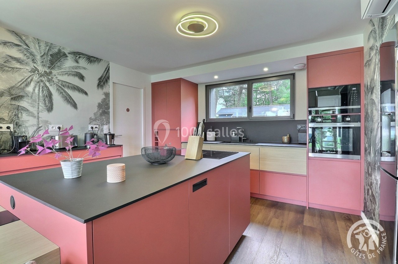 Cuisine moderne avec îlot central, meubles rose et bois clair, mur décoré de motifs tropicaux et fenêtre donnant sur l…