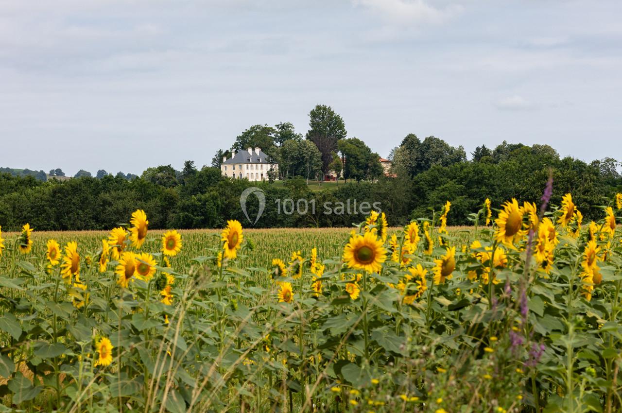 Champ de tournesols en premier plan avec une maison blanche entourée d'arbres à l'arrière-plan.