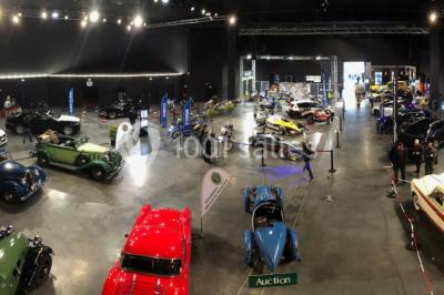 Entrée vitrée illuminée avec des plantes en pot disposées en rangées et éclairage coloré.