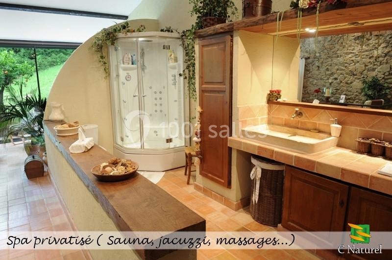 Salle de spa privatisée avec douche hammam, lavabo en bois, et vue sur un jardin verdoyant.