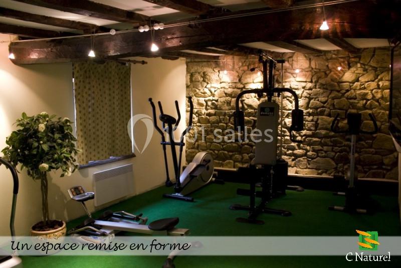 Salle de sport avec équipements de fitness, murs en pierre, poutres apparentes et sol recouvert de gazon synthétique.