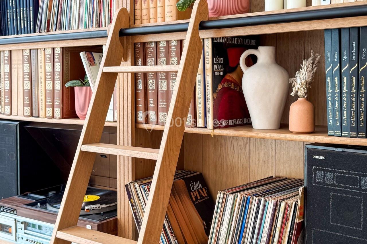 Bibliothèque en bois avec échelle, livres, vinyles, plantes en pots et objets décoratifs.