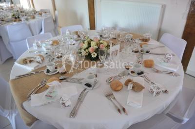 Paysage champêtre avec pelouse verdoyante, arbres en arrière-plan et buissons fleuris sous un ciel bleu dégagé.