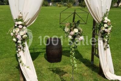 Paysage champêtre avec pelouse verdoyante, arbres en arrière-plan et buissons fleuris sous un ciel bleu dégagé.